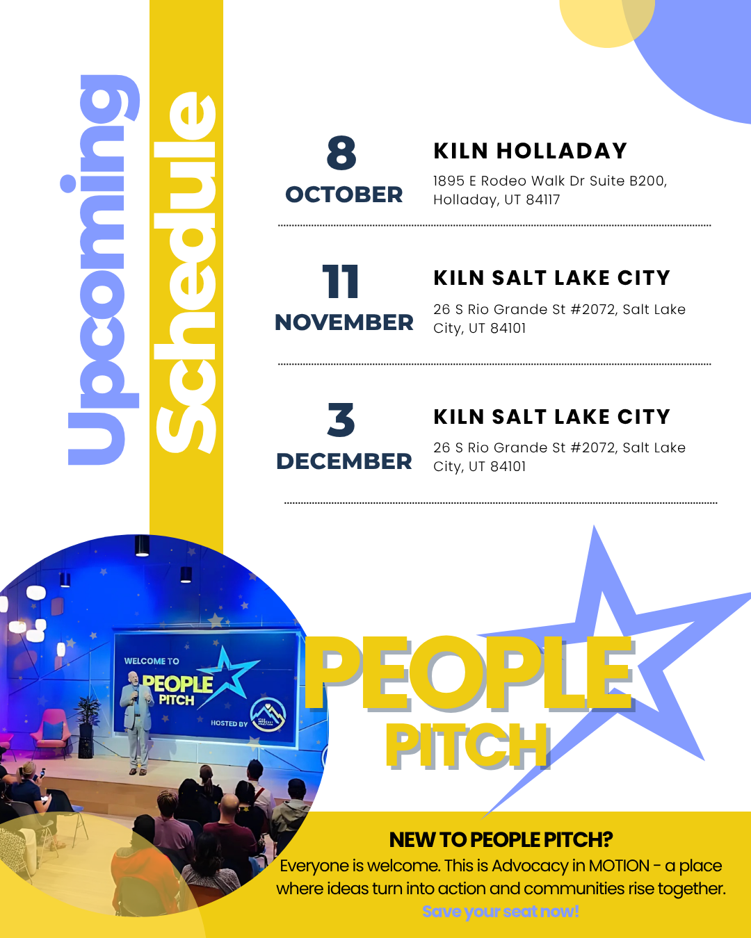 flyer with the next 3 people pitch events, October 8th, 11th, and November 3rd
